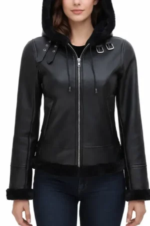 Womens Hooded Shearling Black Leather Jacket 2