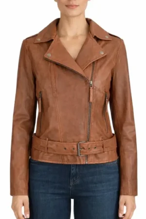 Womens Tan Brown Biker Asymmetrical Leather Jacket