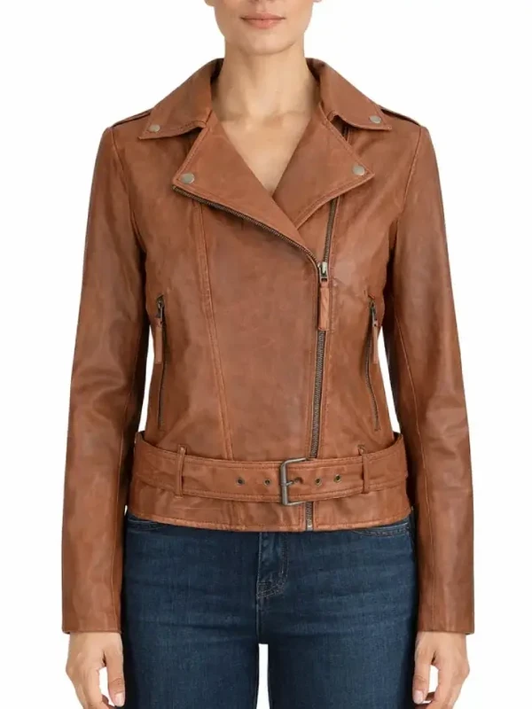 Womens Tan Brown Biker Asymmetrical Leather Jacket
