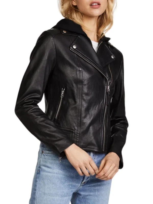black hooded leather jacket womens