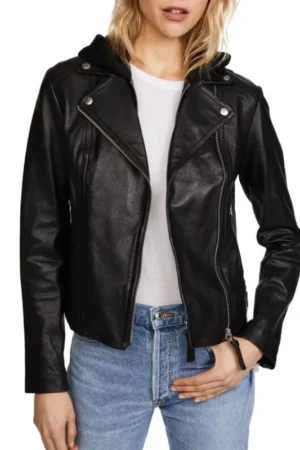 womens hooded black biker leater jacket