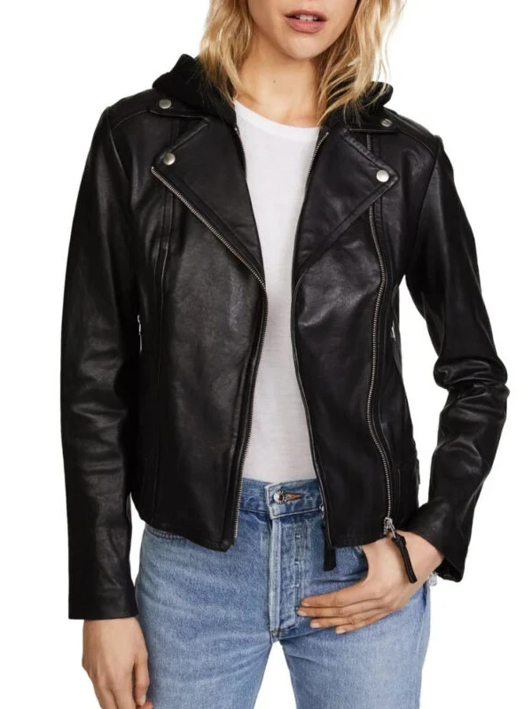 womens hooded black biker leater jacket