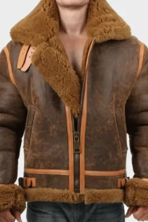 Mens Aviator Distressed Leather Shearling Jacket