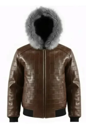 Mens Brown Quilted Fur Hood Leather Jacket For Sale