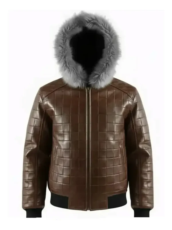 Mens Brown Quilted Fur Hood Leather Jacket For Sale