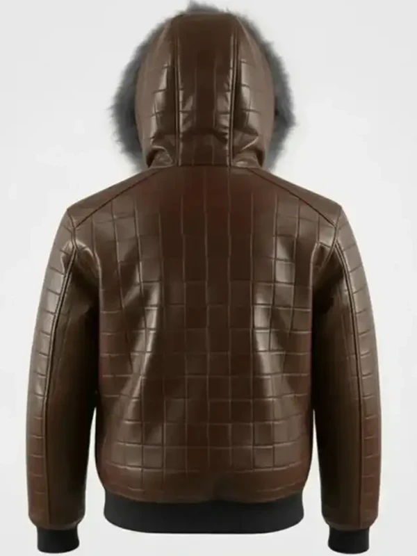 Mens Brown Quilted Fur Hood Leather Jacket