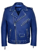 Mens Classic Motorcycle Blue Studded Leather Biker Jacket