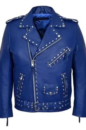 Mens Classic Motorcycle Blue Studded Leather Biker Jacket