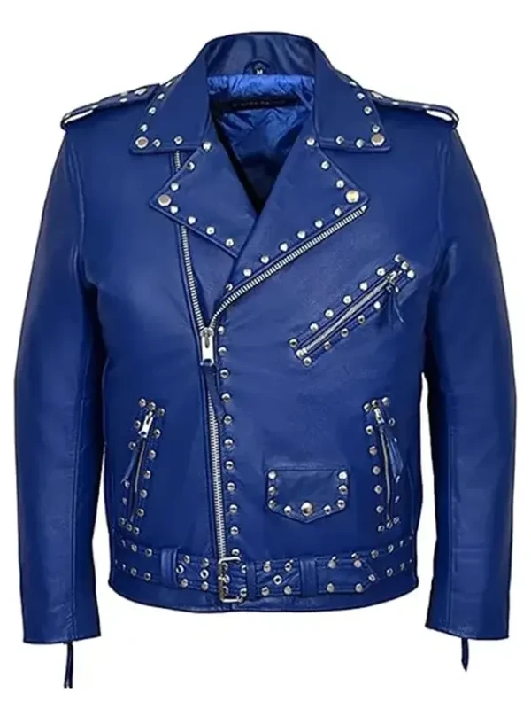 Mens Classic Motorcycle Blue Studded Leather Biker Jacket