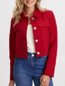 Womens Button Down Red Cropped Wool Jacket