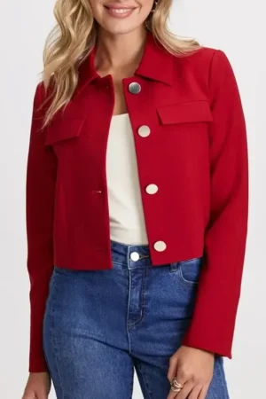 Womens Button Down Red Cropped Wool Jacket