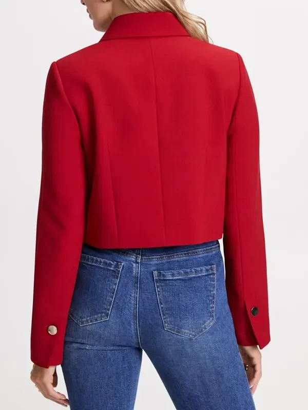 Womens Button Down Red Cropped Wool Jacket Back
