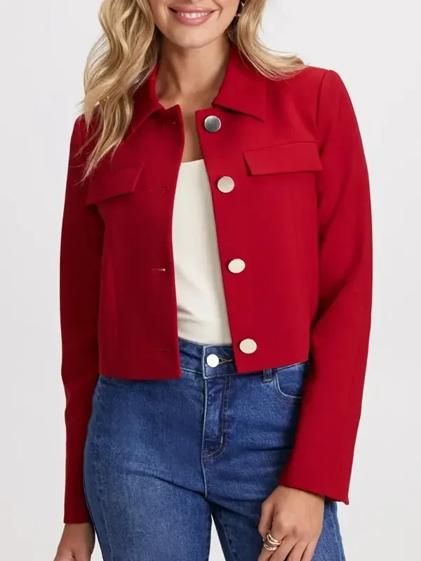 Womens Button Down Red Cropped Wool Jacket