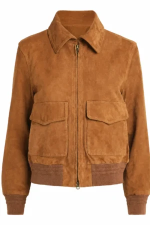 Womens Camel Lauren Brown Suede Bomber Jacket