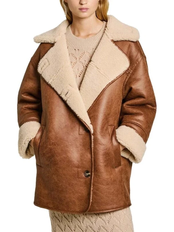 Womens White and Brown Sherpa Aviator Pilot Jacket 7a17837c c8a4 43bd acd6 ddf526f83084 854316