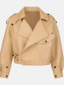 Womens Cropped Motorcycle Beige Leather Jacket