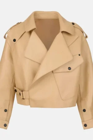 Womens Cropped Motorcycle Beige Leather Jacket