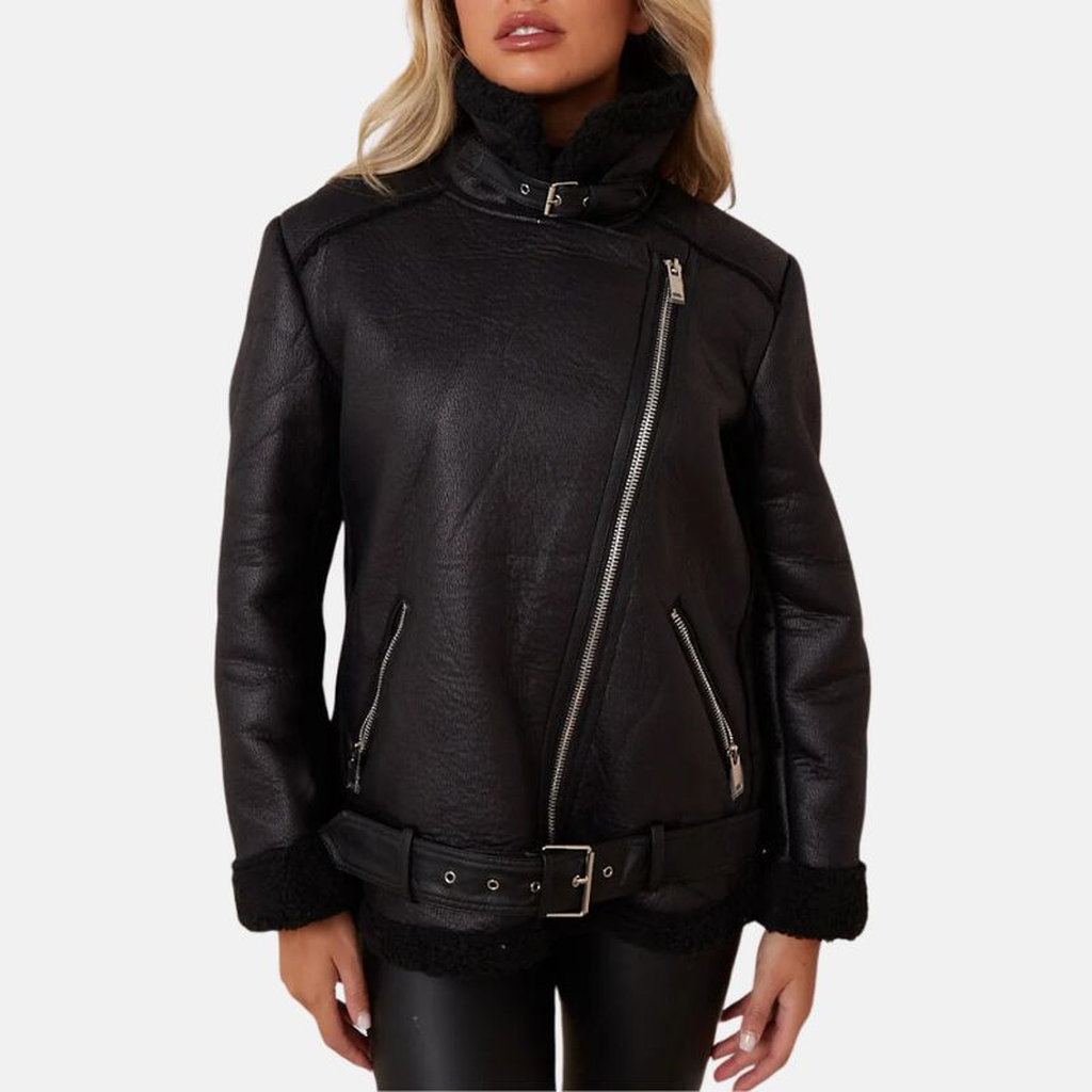 biker aviator black shearling leather jacket 30ec1f32 4012 4e5d b31c 66e81a45e4b7