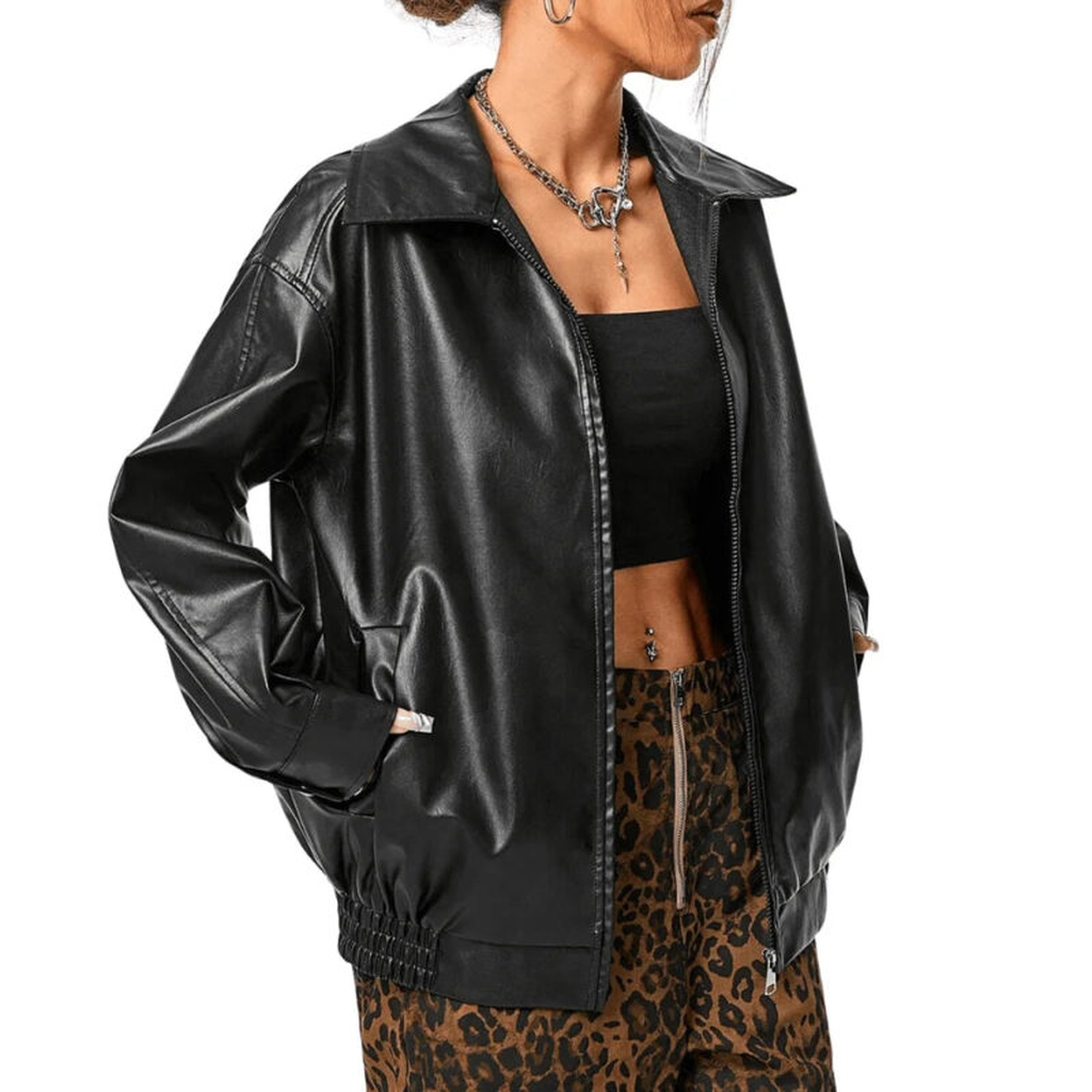 blcak oversized bomber leather jacket