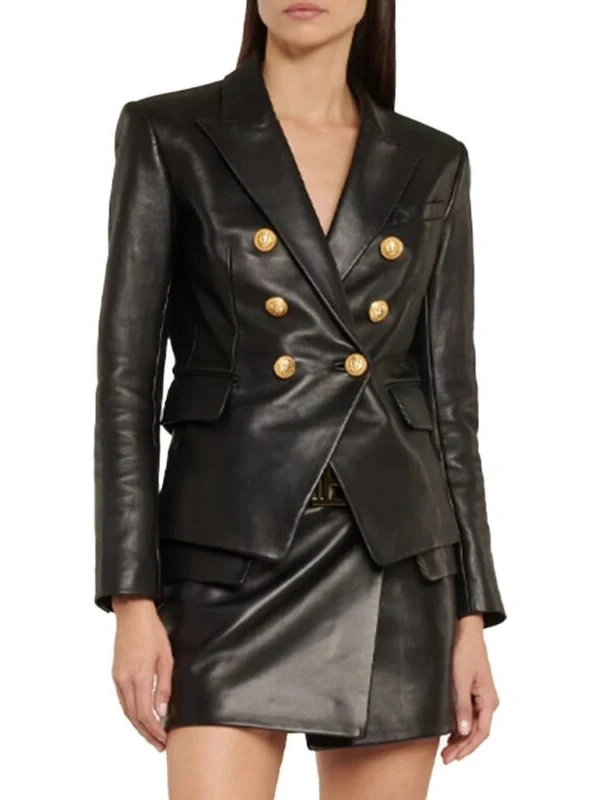 gold button leather blazer 609549