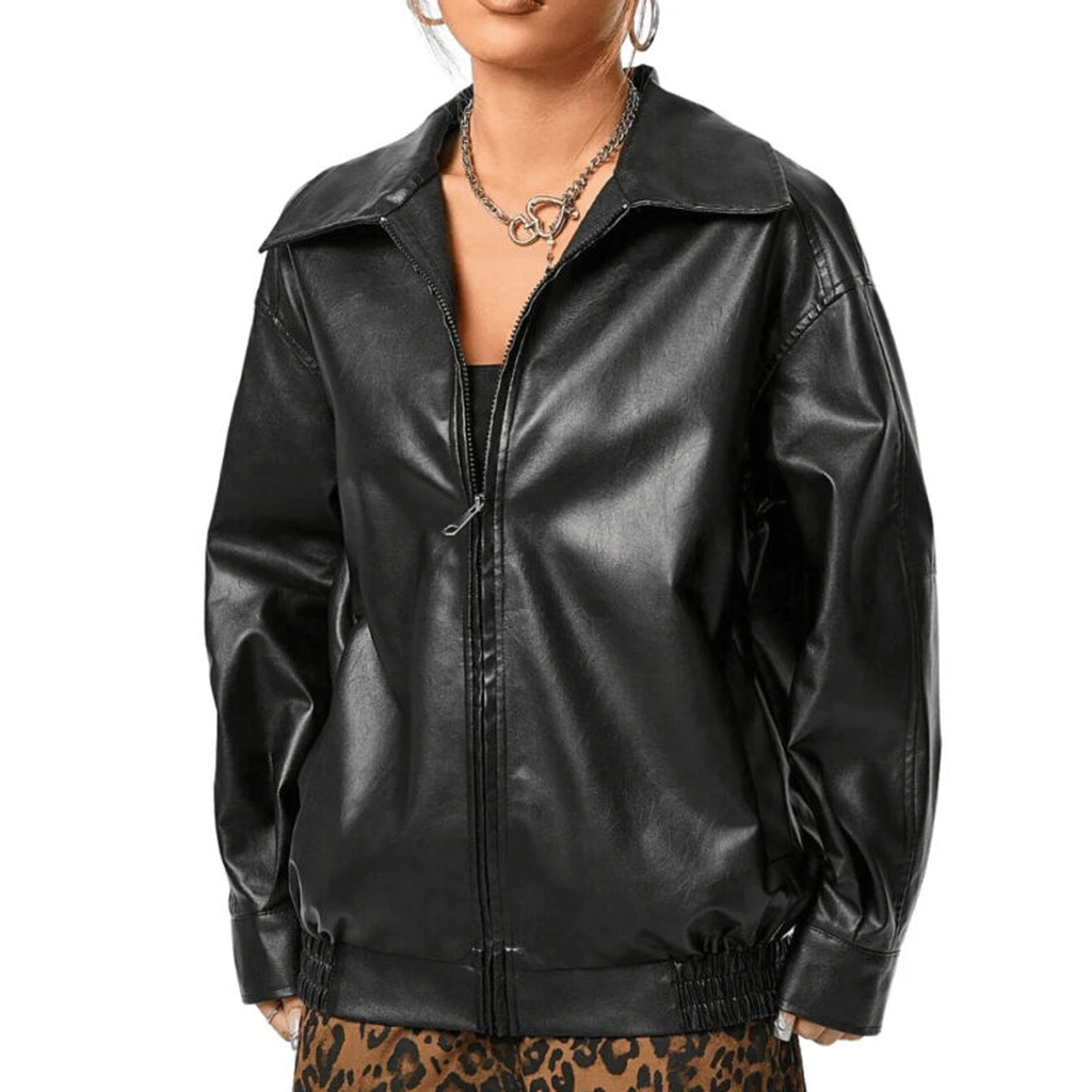 oversized black leather bomber jacket