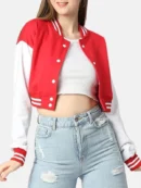women red and white cropped varsity jacket f0687af6 0473 4103 9251 91dfe3547226