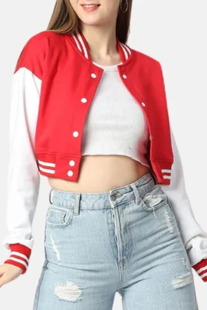 women red and white cropped varsity jacket f0687af6 0473 4103 9251 91dfe3547226