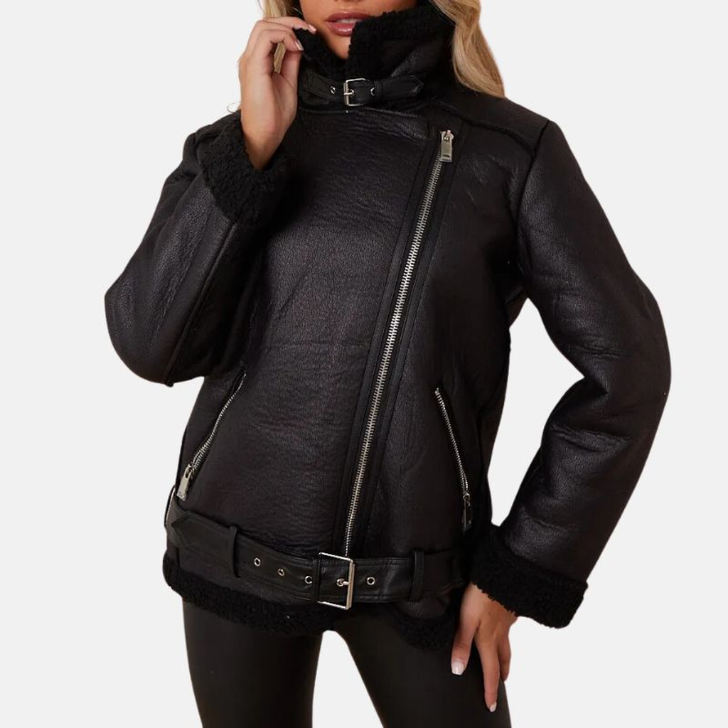 womens aviator black shearling leather jacket 2d643c10 bfa8 43de 860e 4c7762e7827b