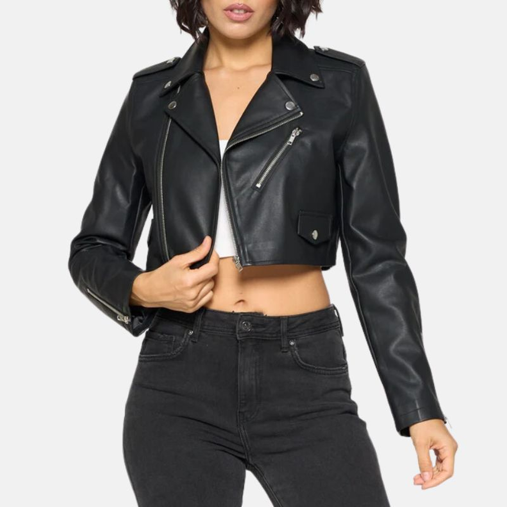 womens biker cropped black leather jacket 51ece544 fed8 43d7 91a6 62172a8cb3d6