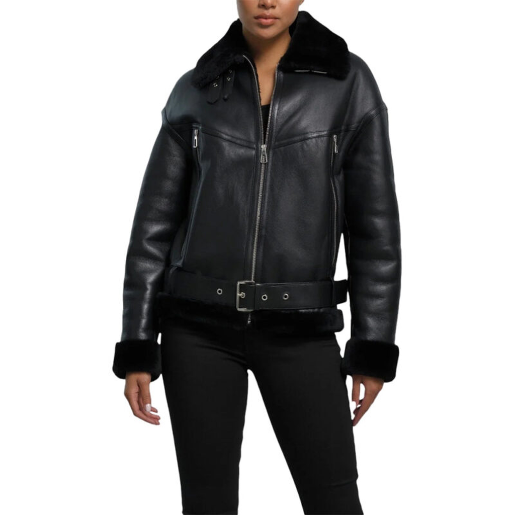 womens black avaitor sheraling leather jacket
