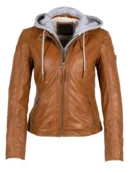 womens brown leather hooded jacket
