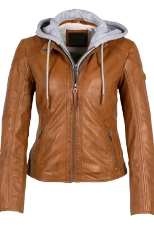 womens brown leather hooded jacket