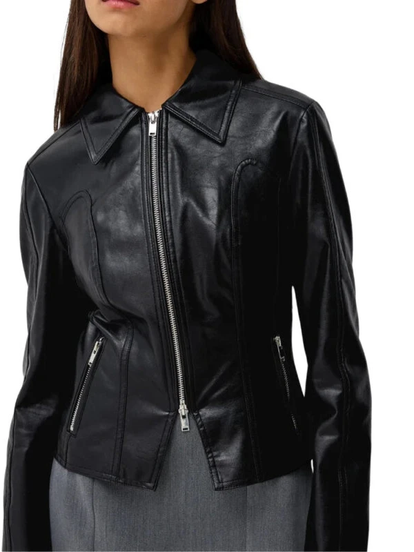 womens leather shirt collar leather jacket