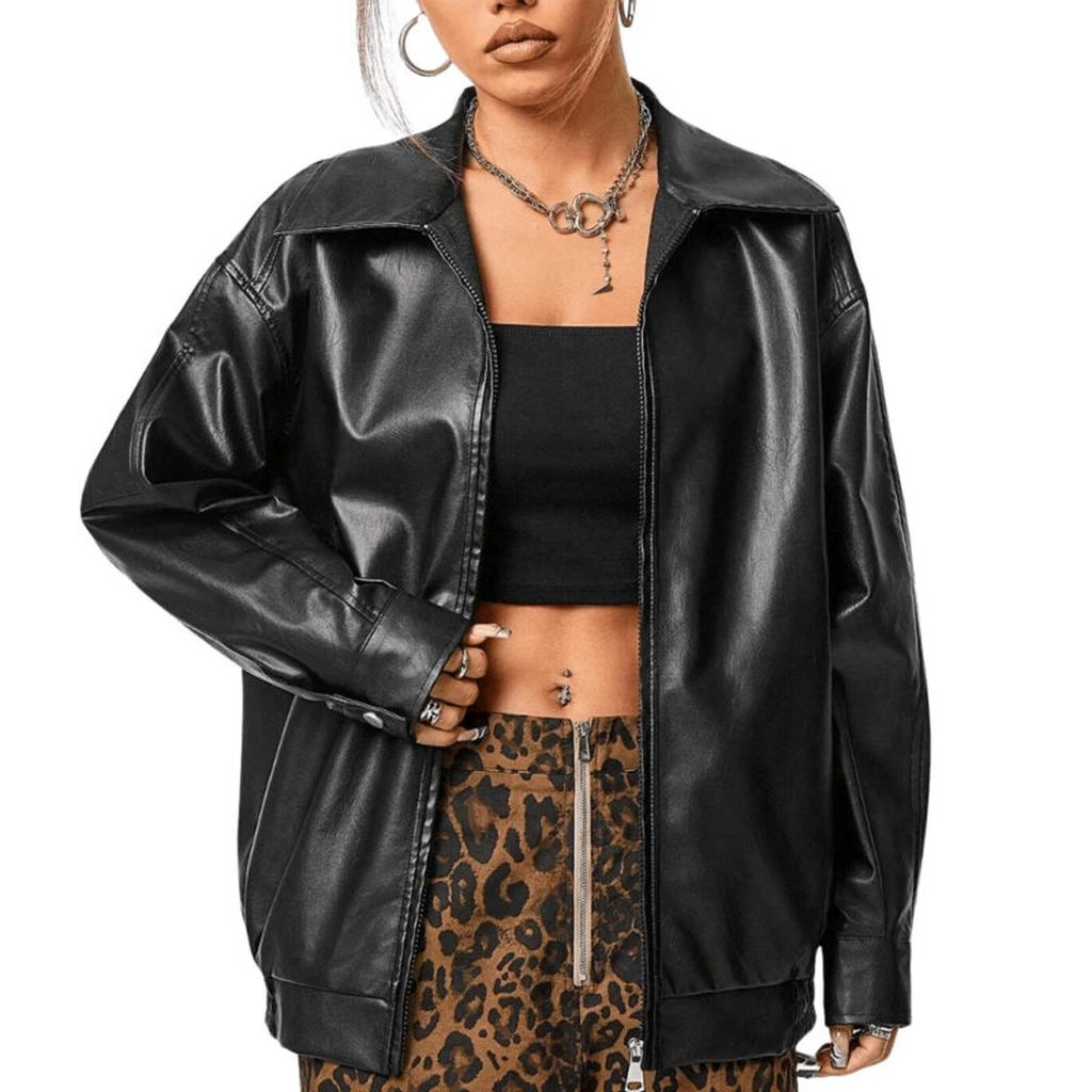 womens oversized black leather bomber jacket