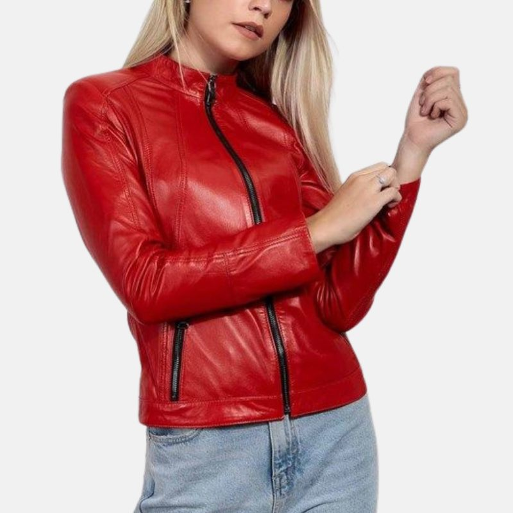 womens red slim fit biker leather jacket 78bfdcf6 b26a 4062 9572 e358c9ac77dd