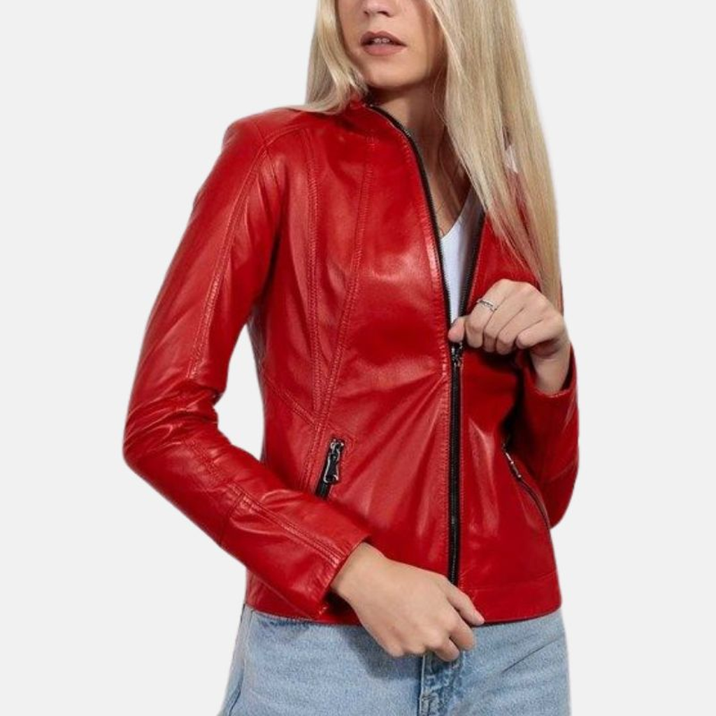 womens red slim fit leather jacket 1 adffccce 85ab 4757 b77a b988dbc057ee