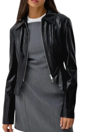 womens shirt collar leather jacket