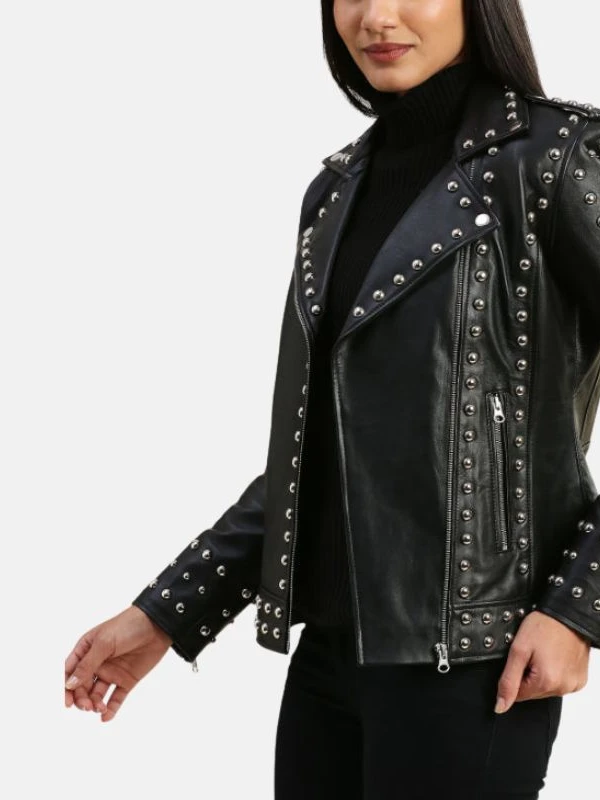 womens studded motorcycle black punk leather jacket 1 3f4d58d0 0cd4 4d88 b0e4 0d9cbb9dc1a3