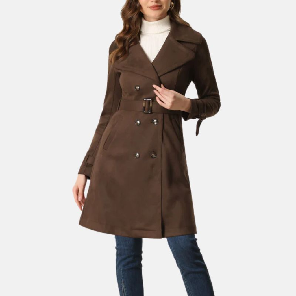 womens suede brown double breasted trench coat d69095a2 5ada 416e 9c90 7f50301072e8