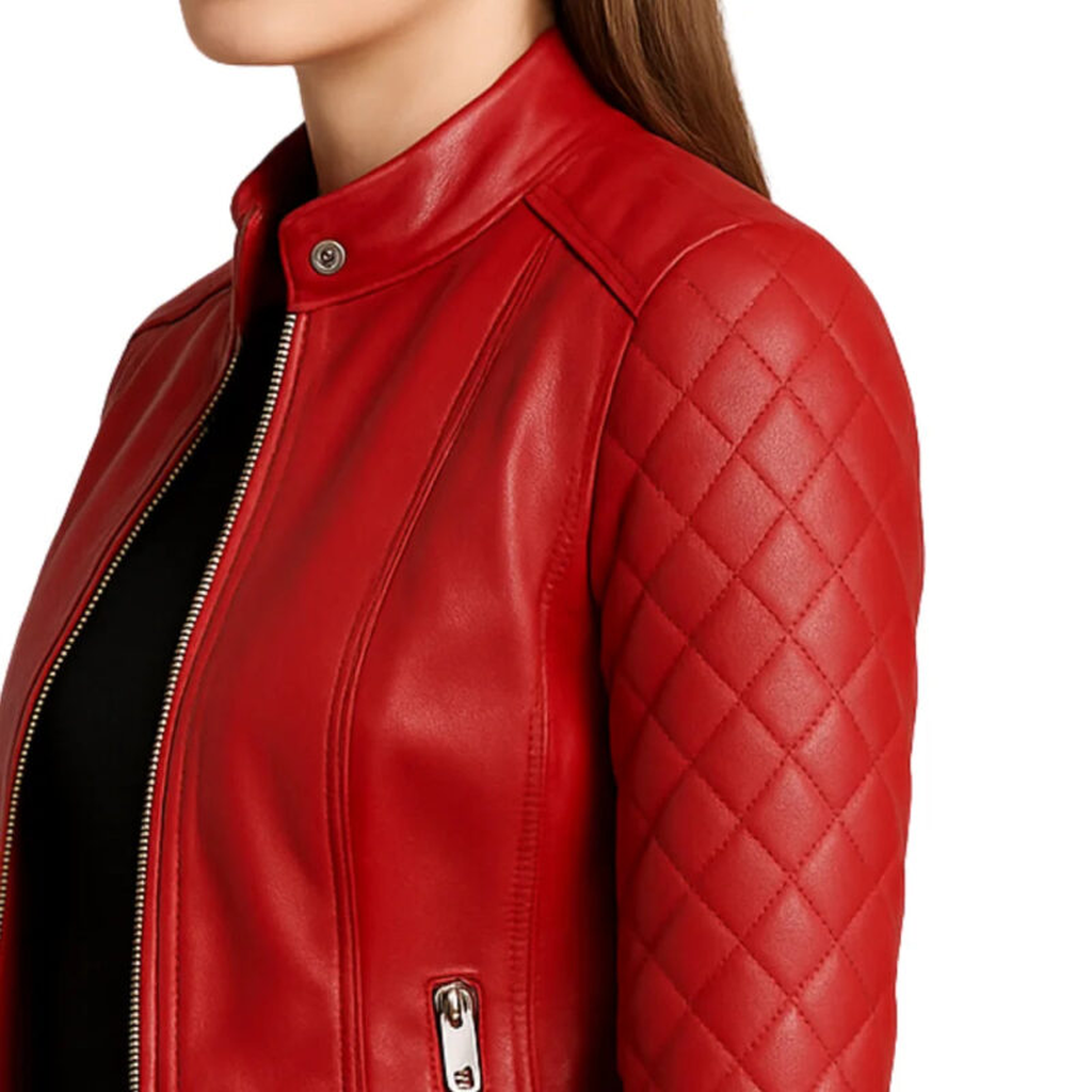 womnes biker red leather moto jacket 1
