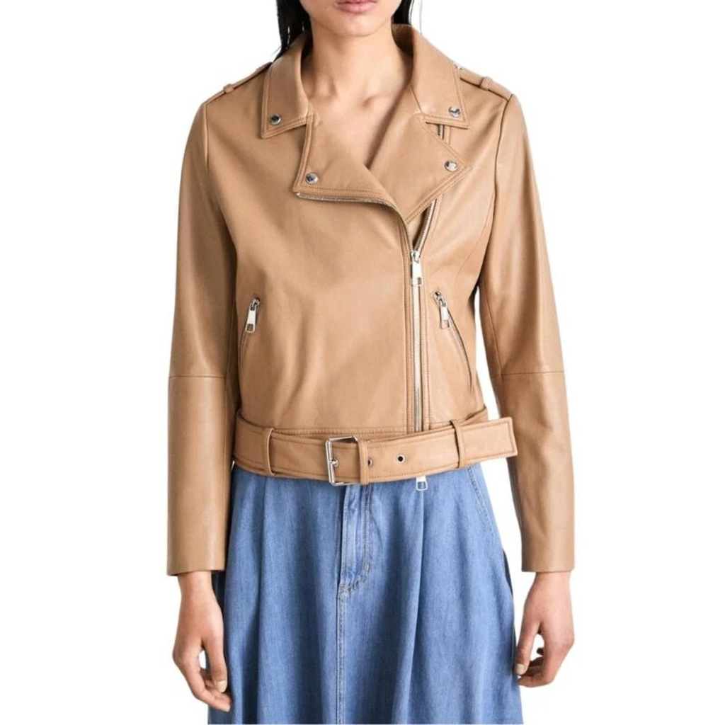 Womens Light Pastel Brown Leather Biker Jacket 2 f85f3309 a354 4f33 9d59 cdf2f8d8d758 925936