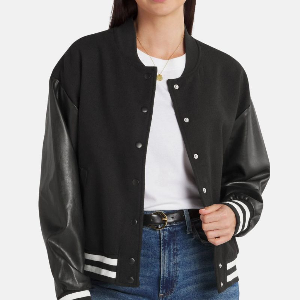 black lettermen bomber jacket with leather sleeves 1ecbe264 df91 4bce b515 70c0eaf0225f