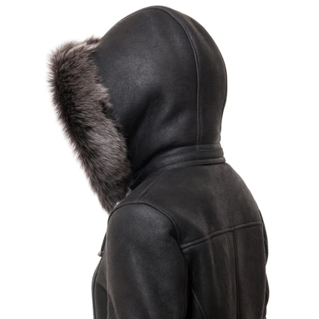 black shearling womens duffle coat
