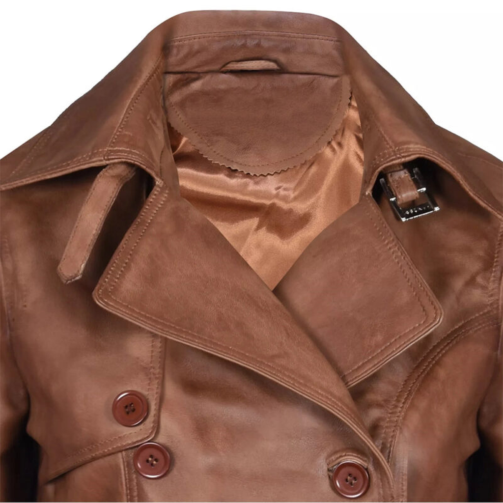 brown leather trench coat