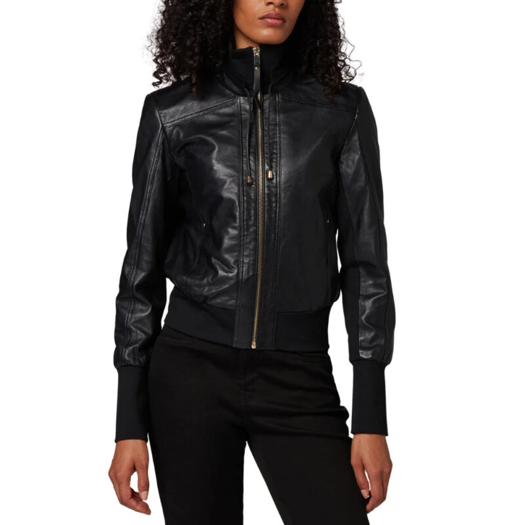 high neck black leahter jacket