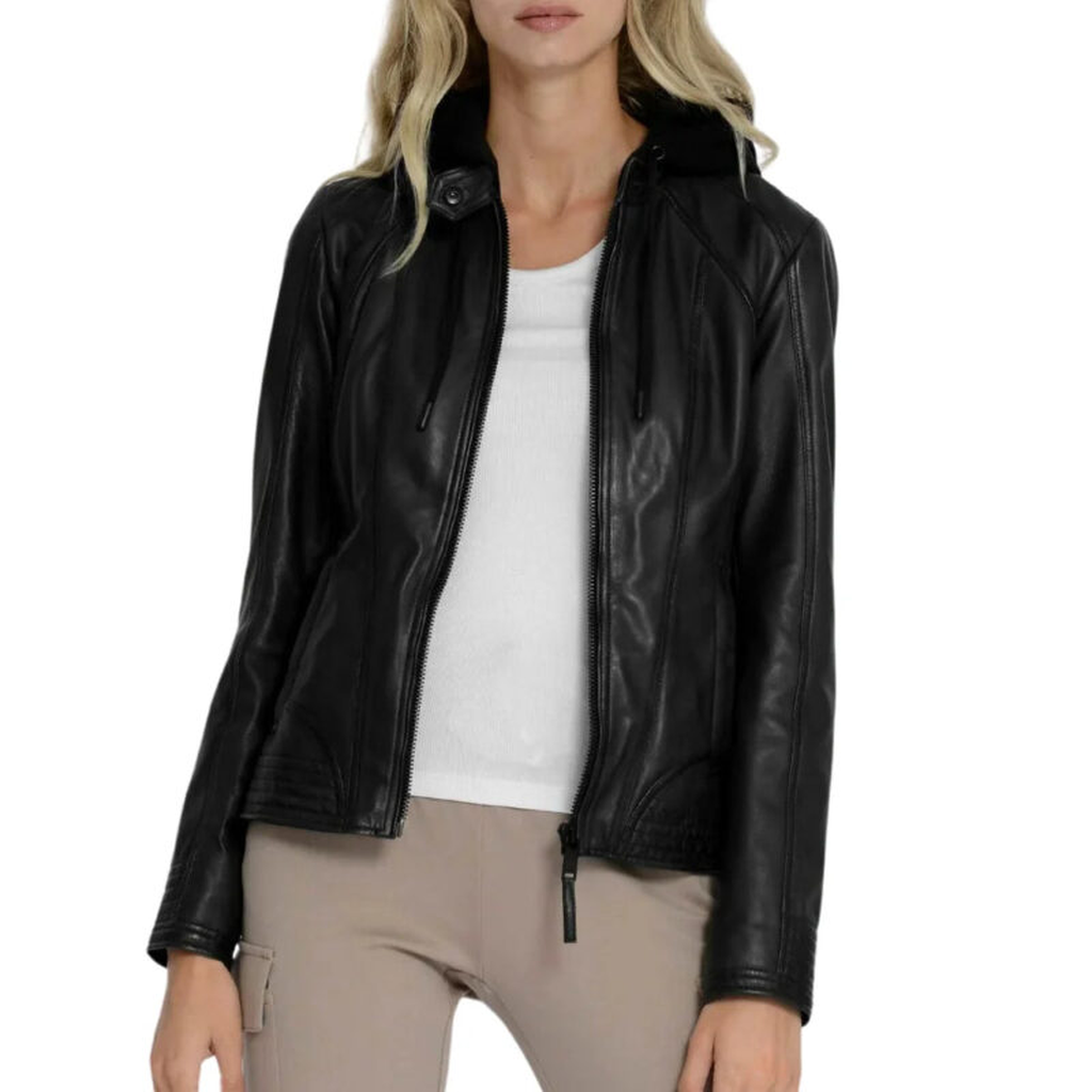 hooded black leather jacket