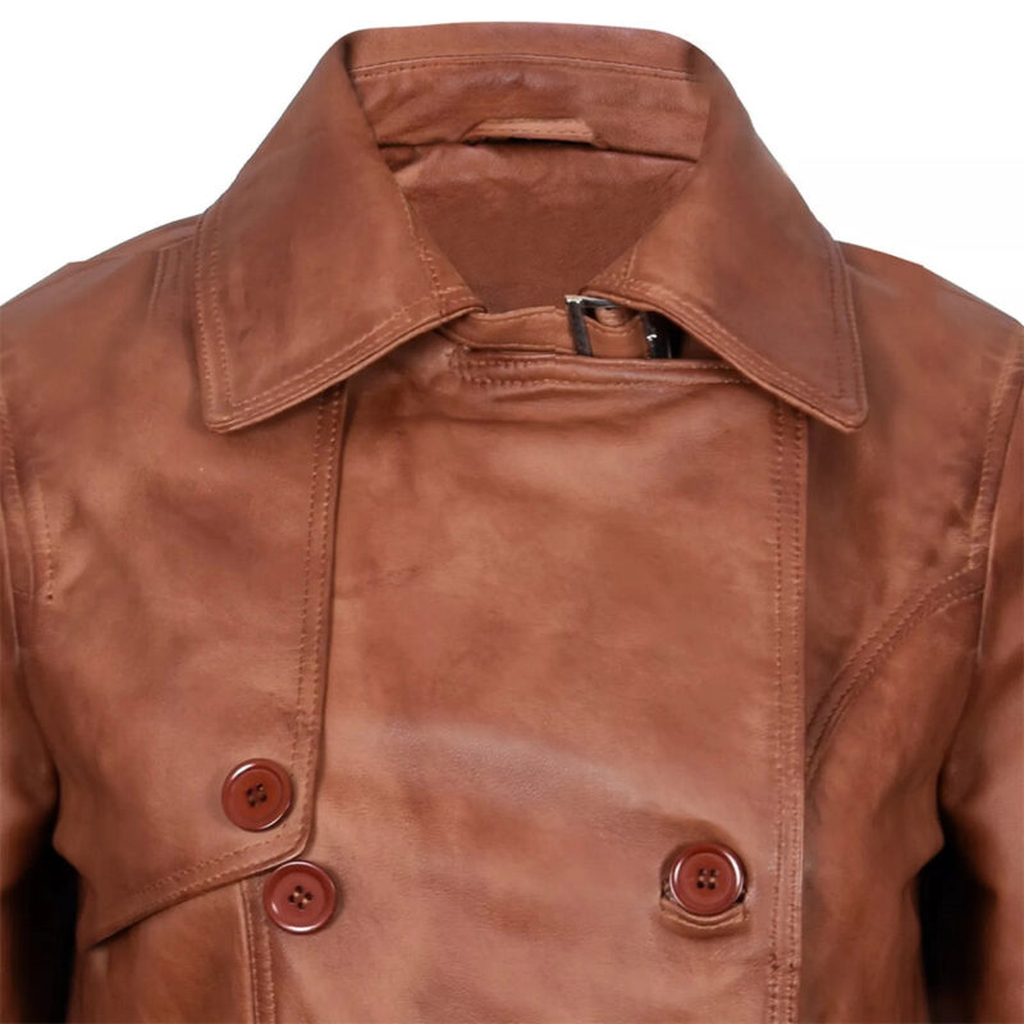 leather trech coat brown