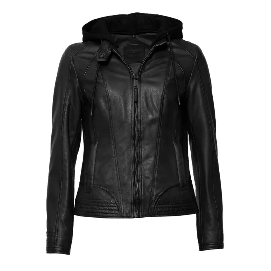 womens black hooded leather jacket