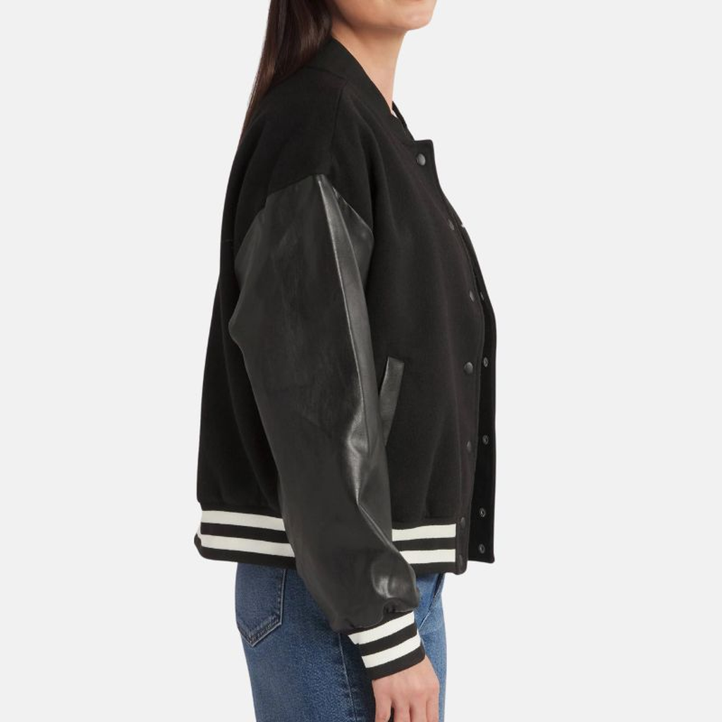 womens black lettermen bomber jacket with leather sleeve 753aa9e2 49cf 4332 b42d d9eb349e20b3
