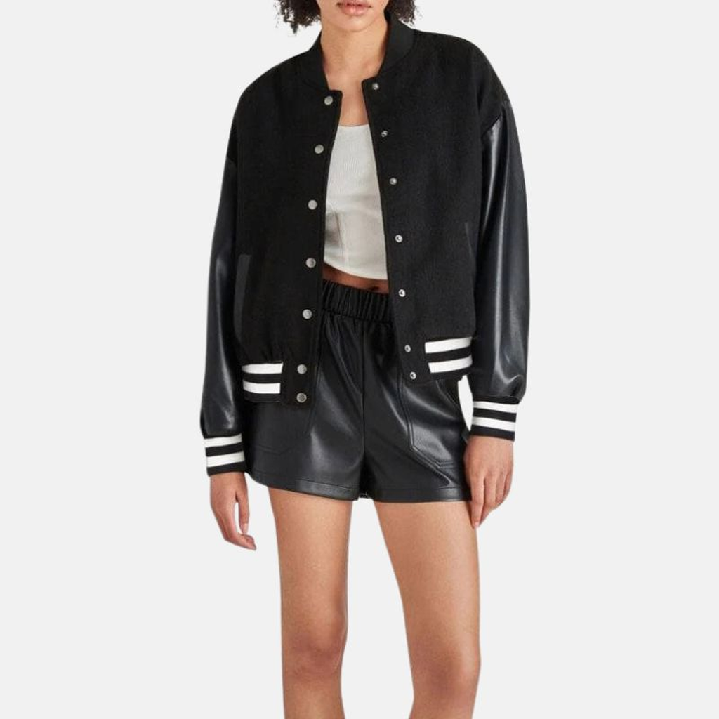 womens black lettermen bomber jacket with leather sleeves 0ca977c4 4ca9 4b19 8863 29971aeed783